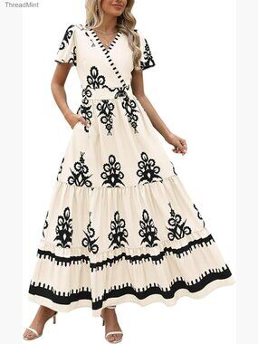 V-Neck Bell Sleeve Maxi Dress with Pockets, Flowy A-Line Tiered Boho